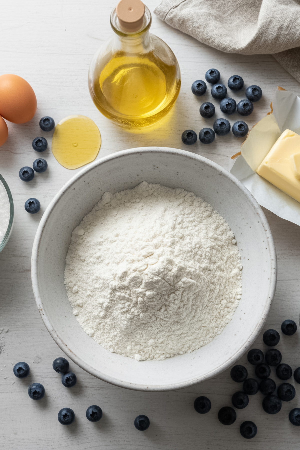 Measured blueberry muffin ingredients showing sugar sparkle, flour, and blueberries on a bright countertop.