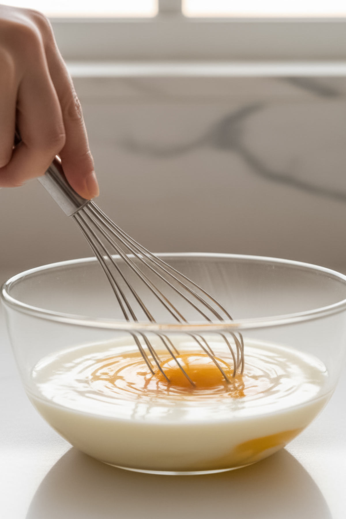Mixing glossy wet ingredients for blueberry muffins in a bowl under bright light.