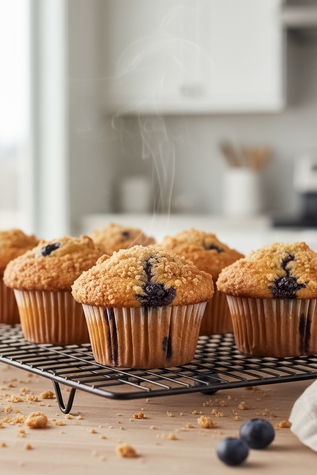 Freshly baked blueberry muffins cooling with crumb and sugar texture visible.