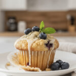A freshly baked blueberry muffin with white ganache drizzle, topped with blueberries and a mint leaf, illustrating blueberry muffins with white ganache on a white plate.