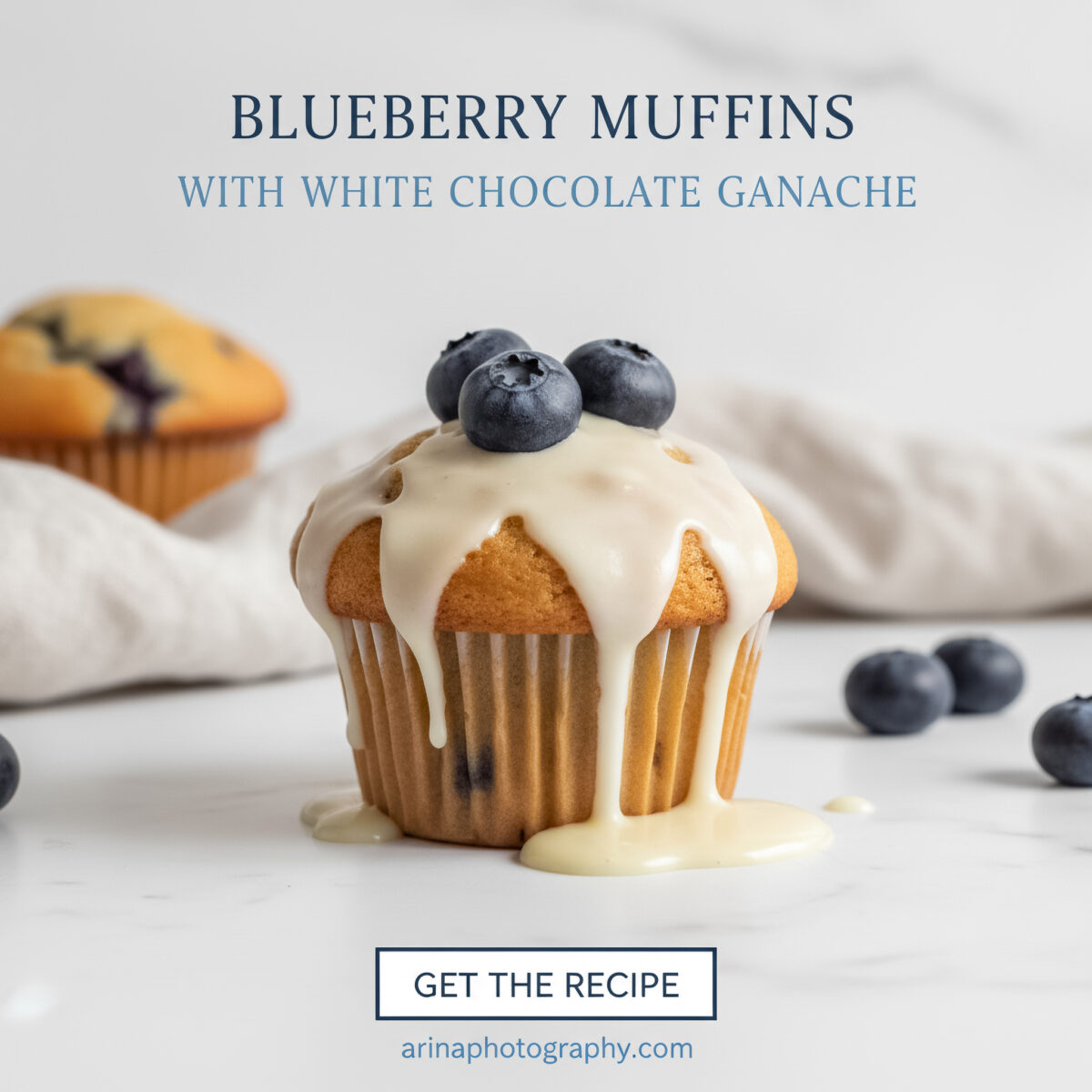 Bakery-Style Blueberry Muffins Topped with White Chocolate Ganache