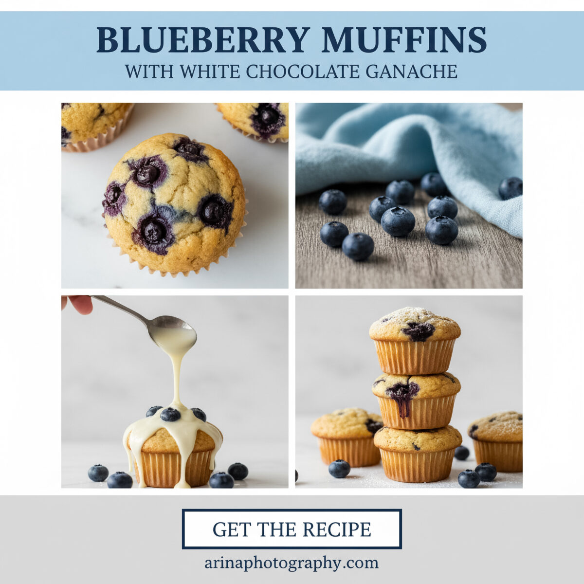 Bakery-Style Blueberry Muffins Topped with White Chocolate Ganache