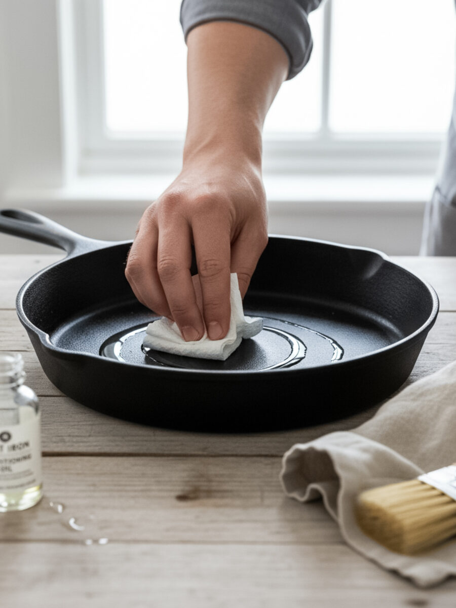 026-031 - Arina Photography Hands seasoning a cast iron skillet with oil on a wooden surface in bright natural light.