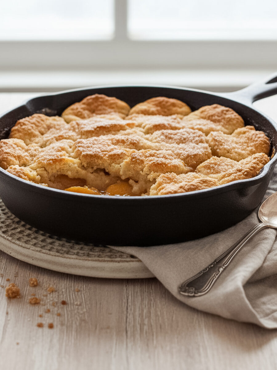 026-032 - Arina Photography Warm peach cobbler with golden crust baked in a cast iron skillet, styled simply on a neutral background.
