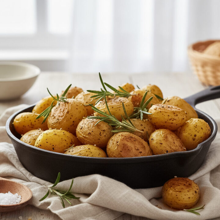 026-033 - Arina Photography Rustic cast iron skillet with golden roasted potatoes and rosemary on a light wooden table in bright natural light.