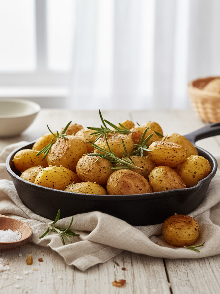026-033 - Arina Photography Rustic cast iron skillet with golden roasted potatoes and rosemary on a light wooden table in bright natural light.