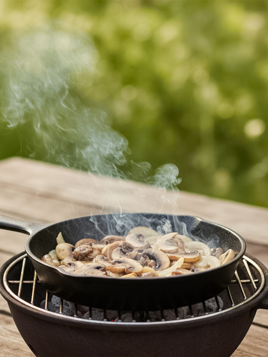 026-034 - Arina Photography Cast iron skillet on a grill cooking mushrooms and onions outdoors with soft natural light and greenery.