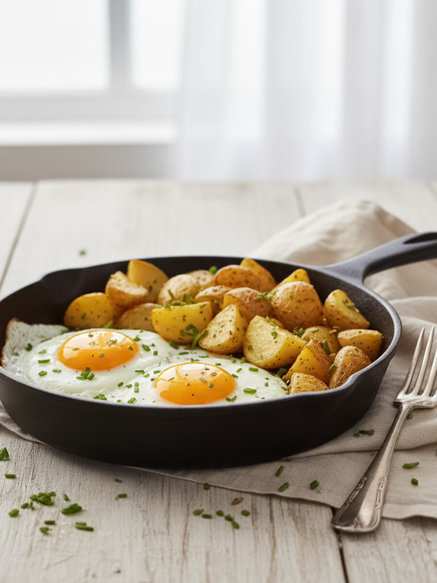 026-035 - Arina Photography Cast iron skillet with fried eggs and crispy potatoes on a light kitchen surface with soft morning light.