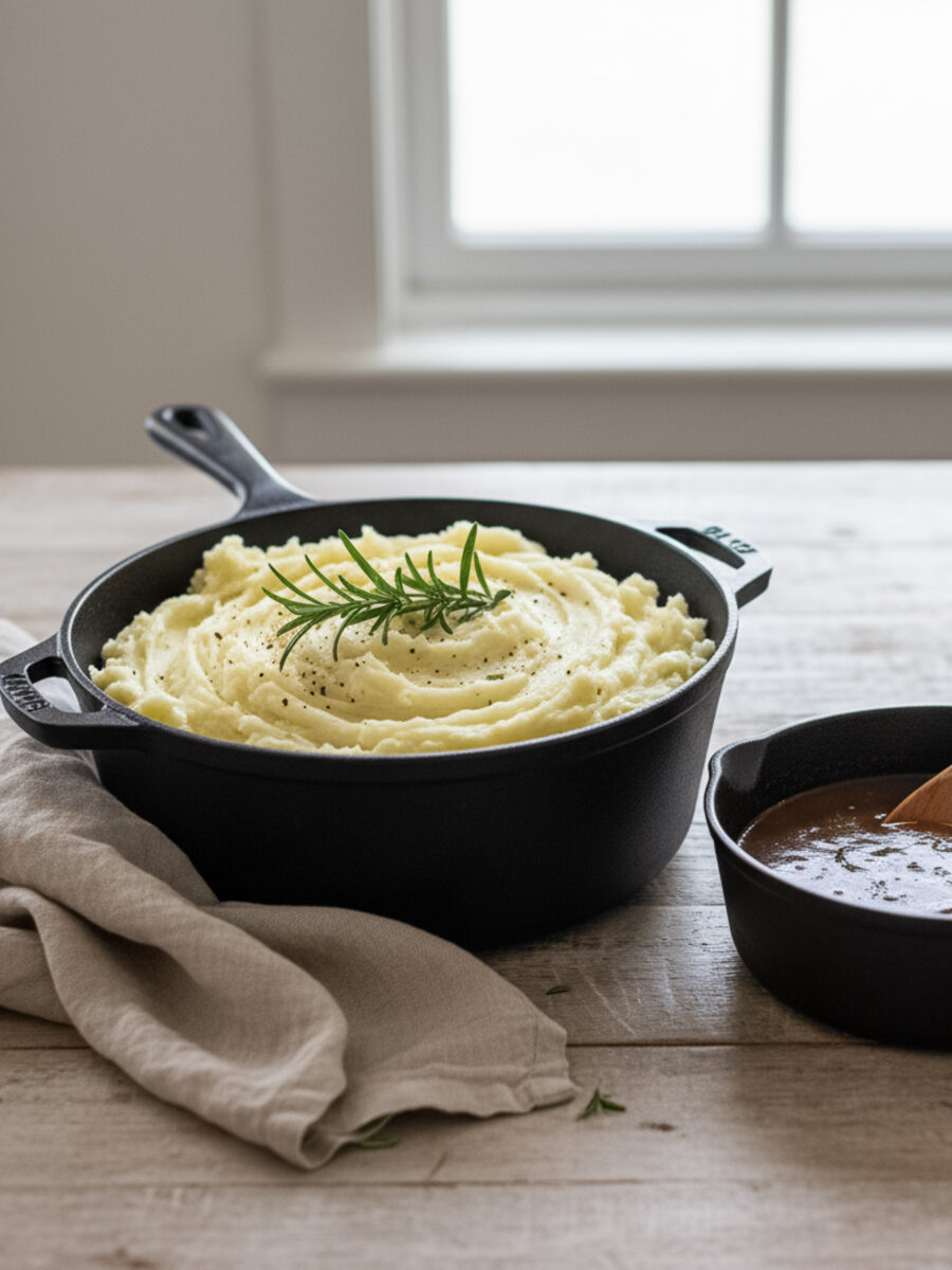 026-036 - Arina Photography Cast iron cookware with mashed potatoes and herbs on a light table set for a cozy family dinner.