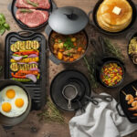 Assortment of dishes cooked in cast iron skillets, including steak, vegetables, eggs, and stew, arranged on a rustic wooden table for the blog post Guide to Using Cast Iron Cookware.