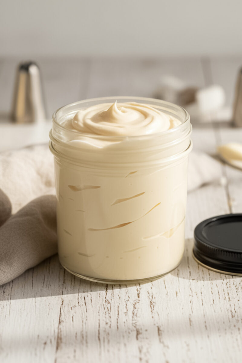 Glass jar filled with creamy Italian buttercream frosting on a light wooden surface with baking tools.