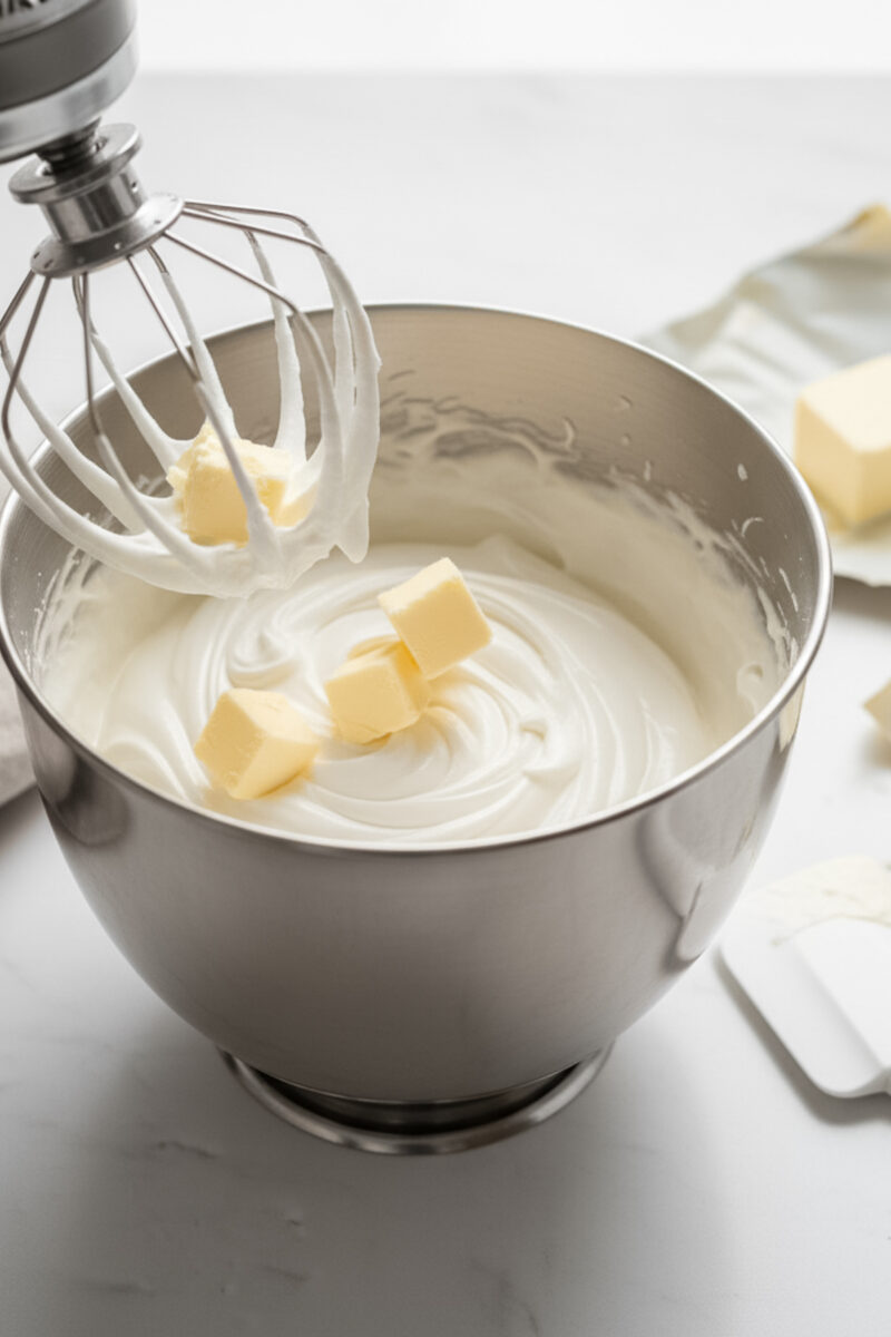 Adding cubes of butter into a mixer bowl to make creamy Italian buttercream frosting.