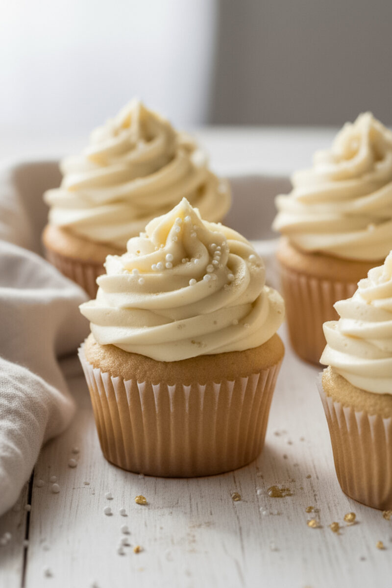Cupcakes topped with silky Italian buttercream frosting on a light background in natural light.