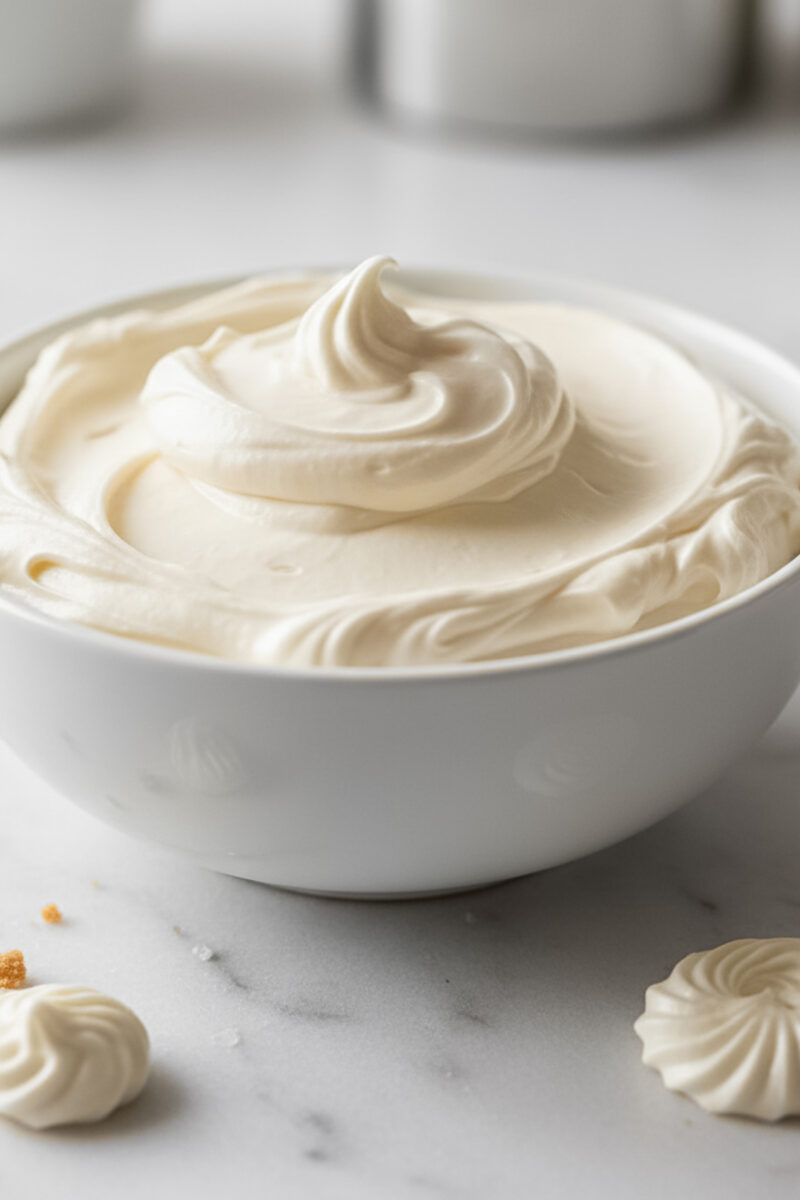 Bowl of creamy Italian buttercream frosting with soft peaks on a light marble surface in bright natural light.