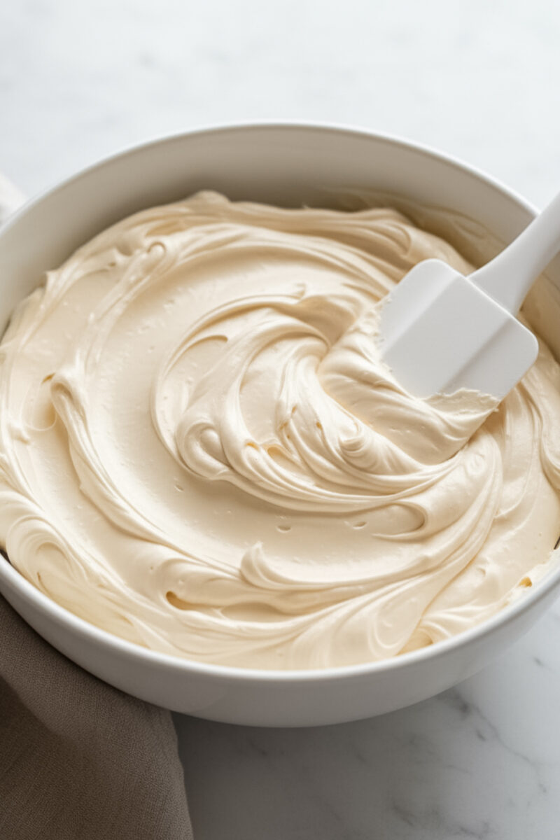 Bowl of creamy Italian buttercream frosting with soft peaks on a light marble surface in bright natural light.