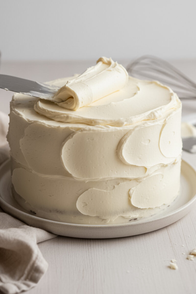 Spreading smooth Italian buttercream frosting on a cake with an offset spatula.