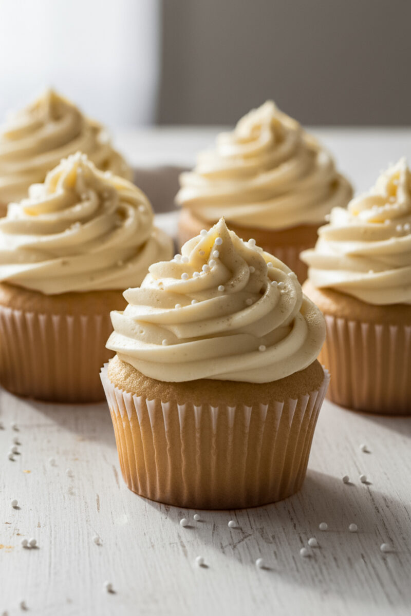 Cupcakes topped with silky Italian buttercream frosting on a light background in natural light.