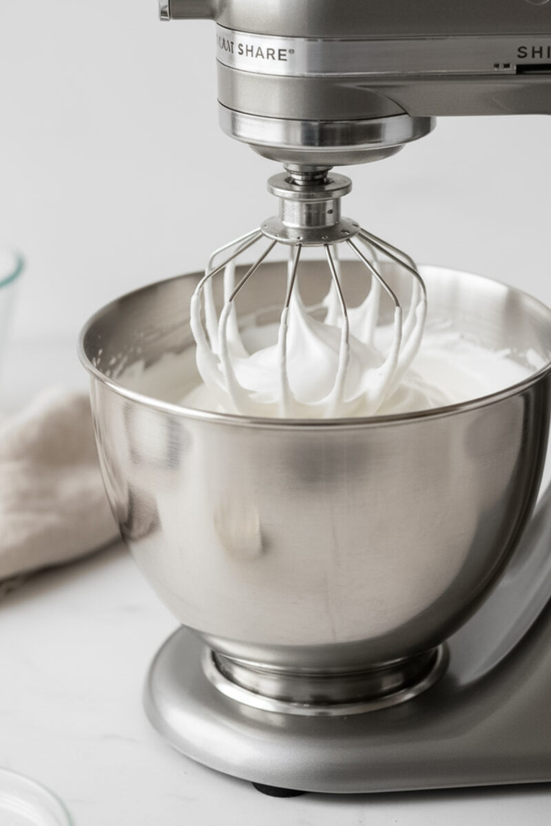 Stand mixer whipping egg whites into soft peaks for Italian buttercream in bright natural light.
