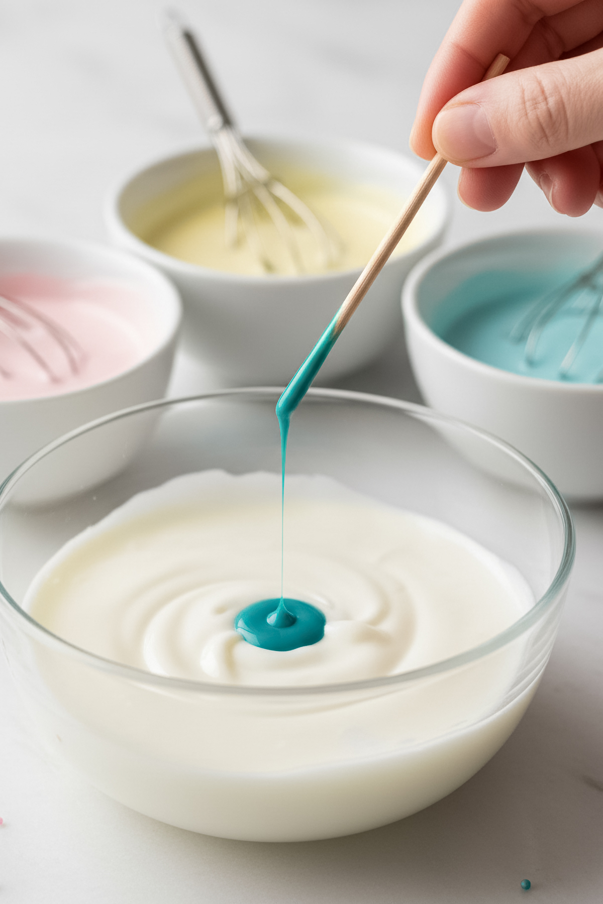 046-031 - Arina Photography Adding food coloring with a toothpick into royal icing in a glass bowl.