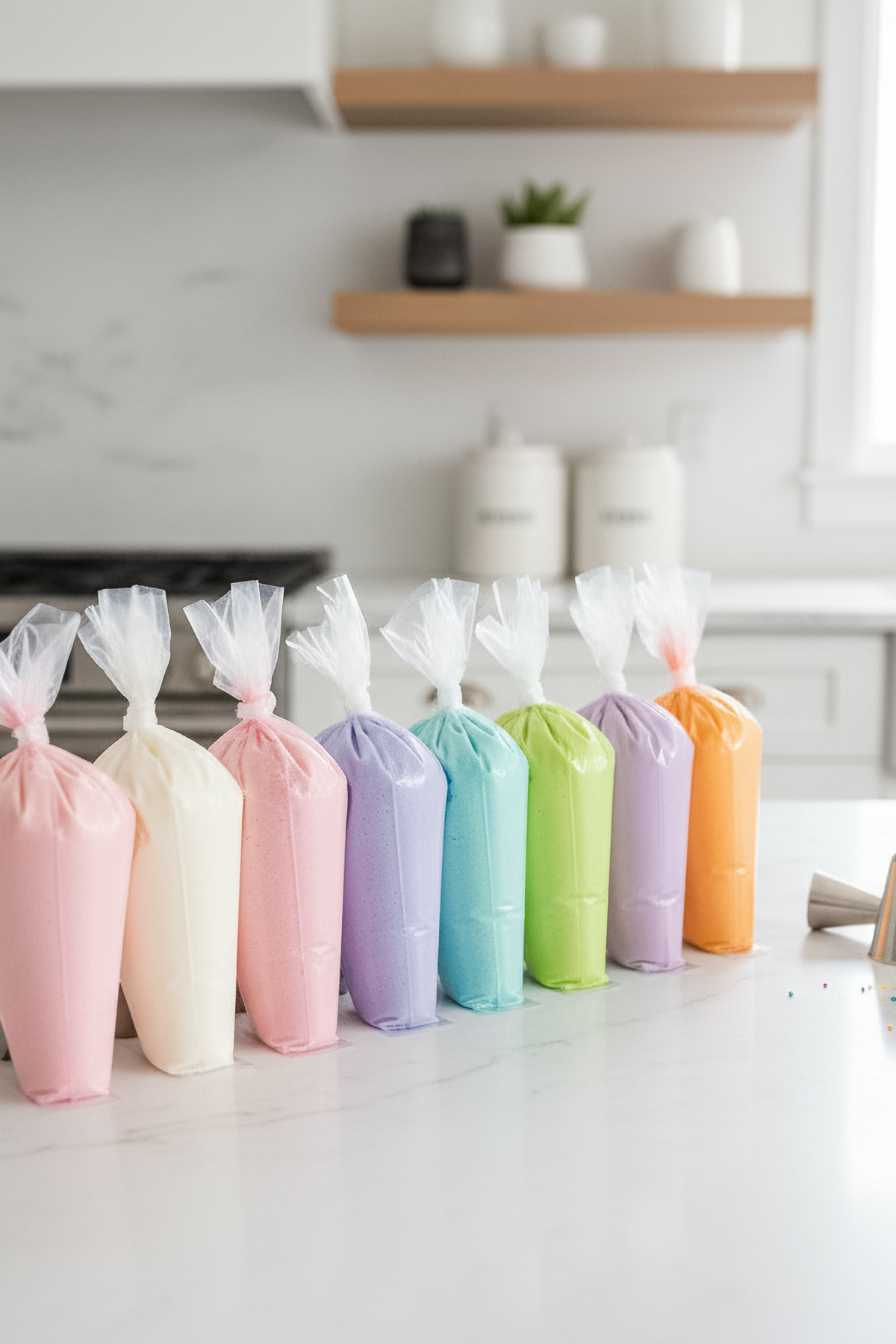 046-033 - Arina Photography Filling a piping bag with colored royal icing on a light kitchen surface.