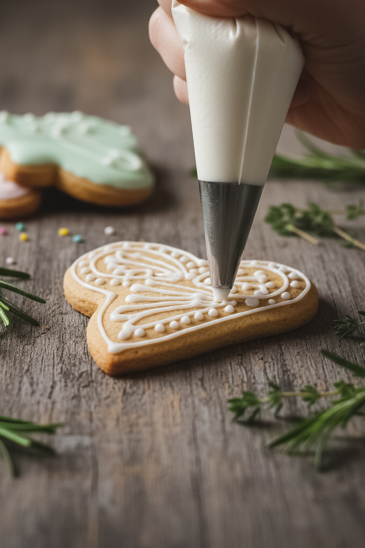 046-034 - Arina Photography Piping colorful royal icing onto sugar cookies on a light background in natural light.
