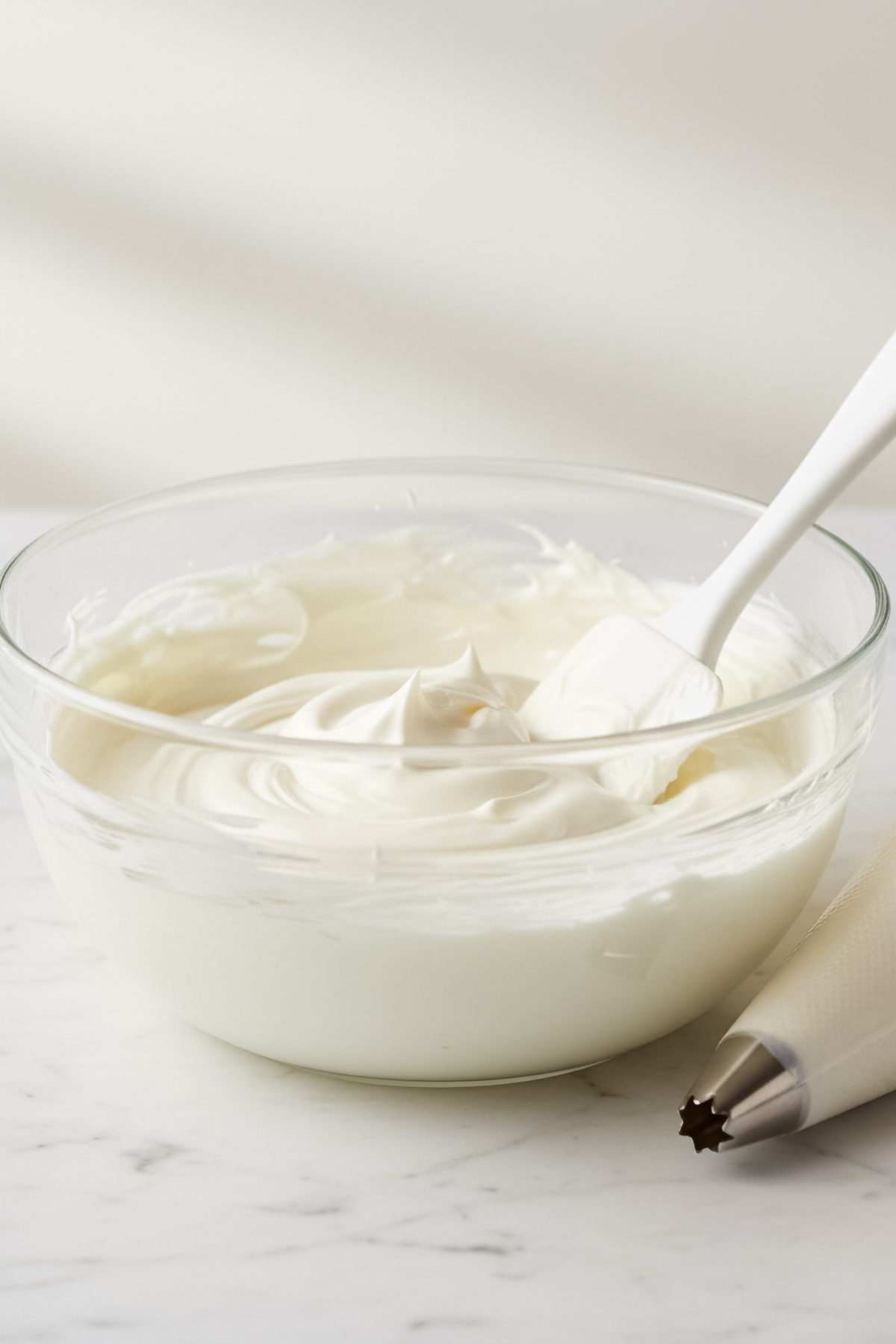 046-036 - Arina Photography Glass bowl filled with smooth white royal icing and a spatula on a light marble surface in natural light.