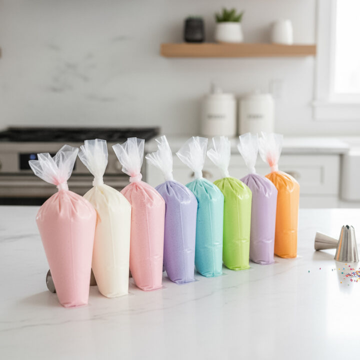 046-featured image23 - Arina Photography Colorful piping bags filled with pastel royal icing lined up on a white kitchen counter for the blog post How to Make Royal Icing for Decorating Sugar Cookies.