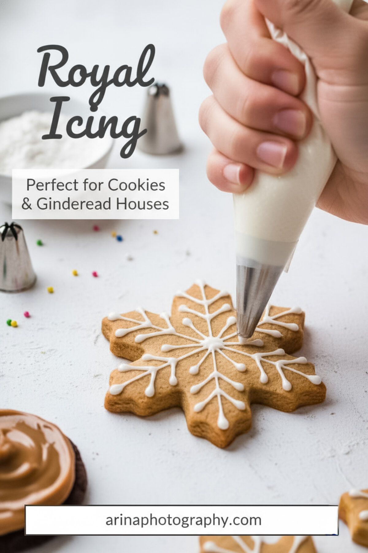 046-pinterest15 - Arina Photography This royal icing recipe is my go-to for decorating sugar cookies! Whether you're outlining, flooding, or adding tiny details, this icing dries smooth and shiny every time. I love using meringue powder—it makes the process easier and more consistent. Save this for your next holiday baking day or cookie decorating party! #royalicing #cookiedecorating #holidaybaking