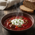 Steaming bowl of classic borsch made with beets, beef, and vegetables, topped with a dollop of sour cream and fresh dill, served with slices of rye bread.