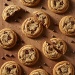 Close-up of freshly baked soft chocolate chip cookies with melted chocolate chips on a wooden surface, showcasing their chewy texture and golden edges.