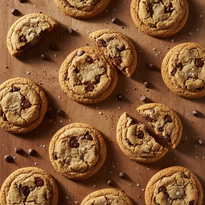 050-featured image23 - Arina Photography Close-up of freshly baked soft chocolate chip cookies with melted chocolate chips on a wooden surface, showcasing their chewy texture and golden edges.