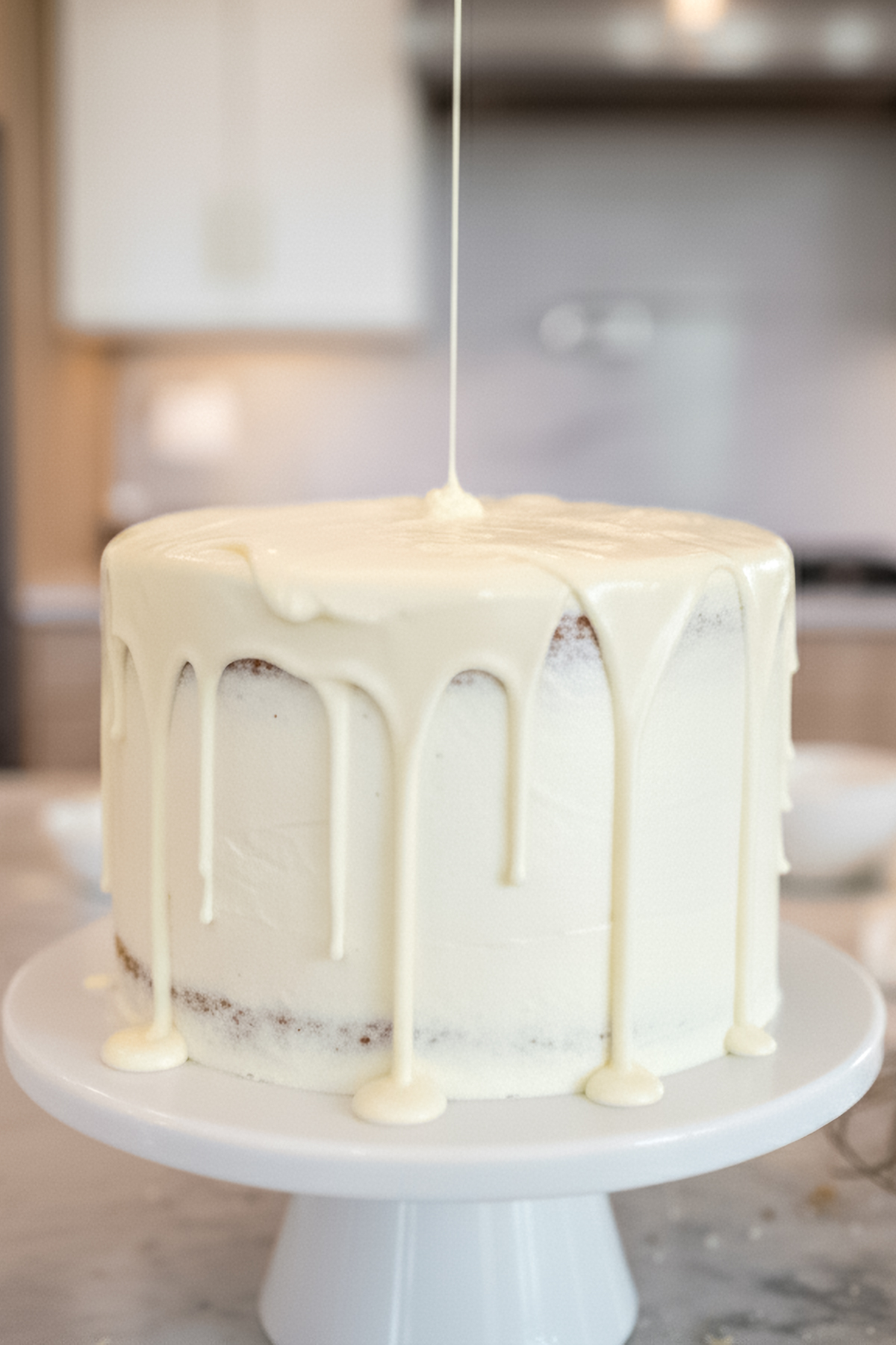 065-White Chocolate Ganache-042 - Arina Photography Smooth white chocolate ganache being poured over a frosted layer cake on a white cake stand in a bright kitchen setting.
