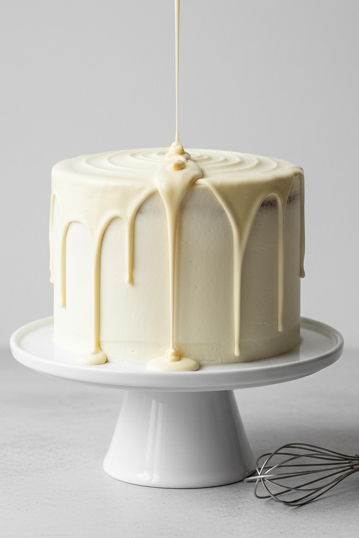 065-White Chocolate Ganache-043 - Arina Photography ChatGPT said: White chocolate ganache being poured over a frosted cake on a white cake stand, creating smooth drips down the sides with a whisk nearby.