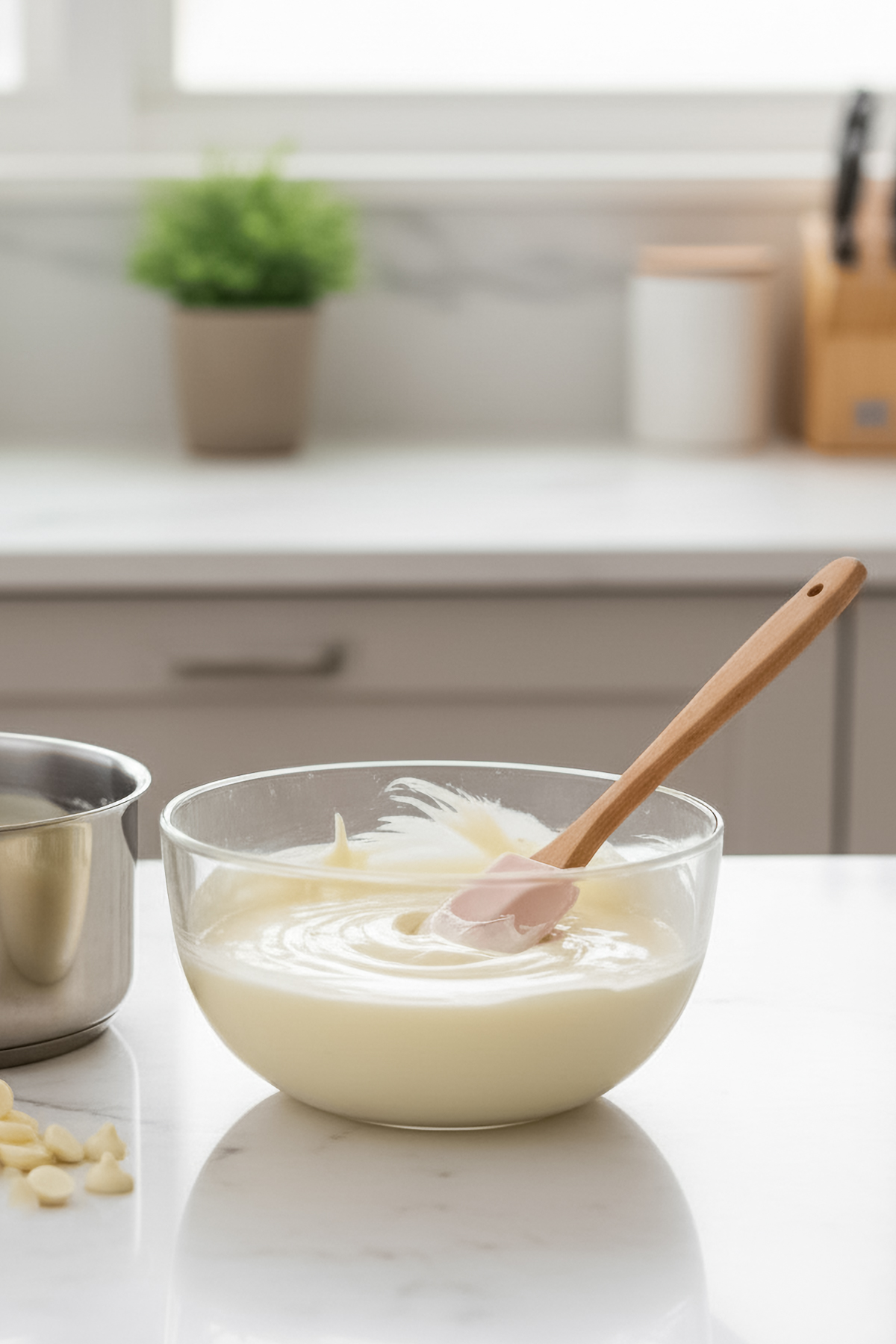 065-White Chocolate Ganache-044 - Arina Photography Glass bowl filled with smooth white chocolate ganache and a silicone spatula on a marble countertop in a bright kitchen.