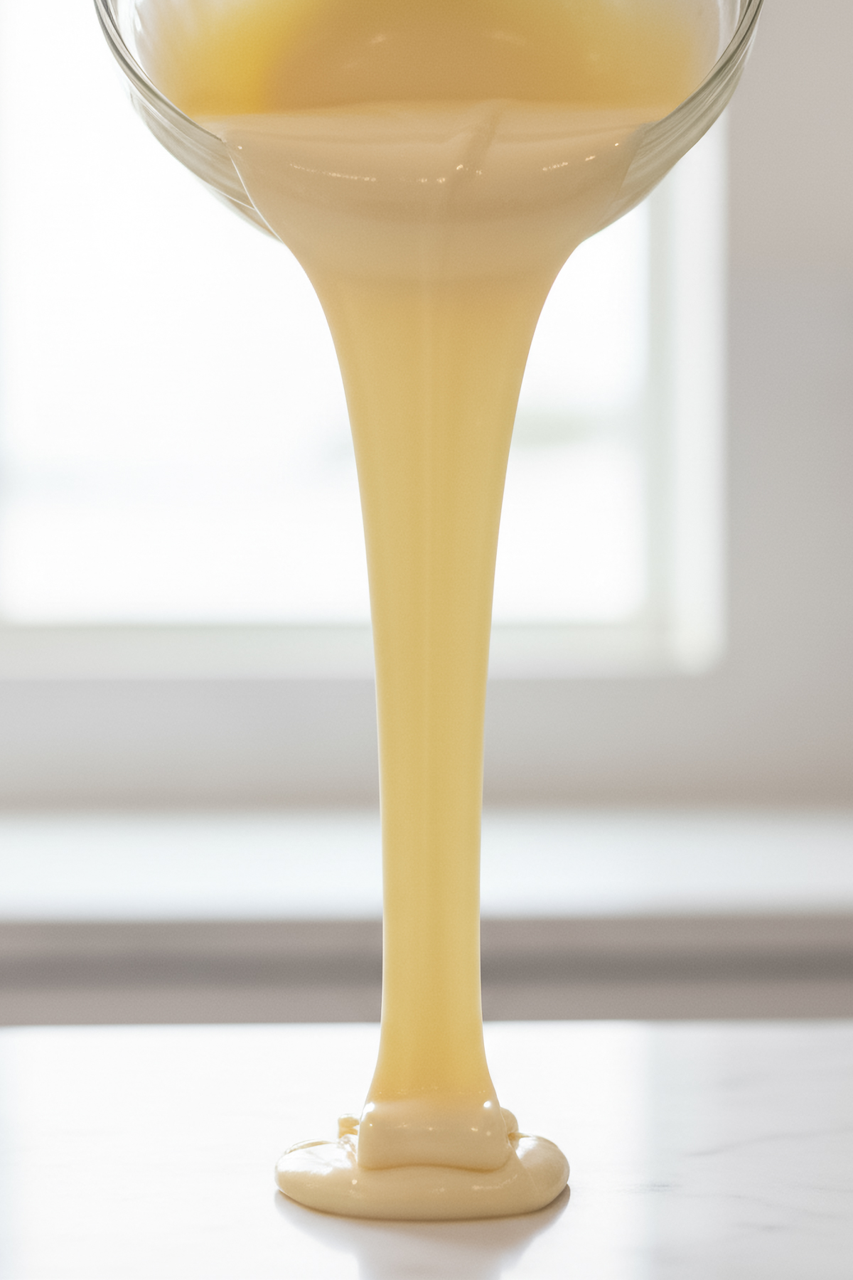 065-White Chocolate Ganache-045 - Arina Photography ChatGPT said: Thick, creamy white chocolate ganache being poured from a glass bowl onto a marble surface, highlighting its smooth texture and glossy finish.